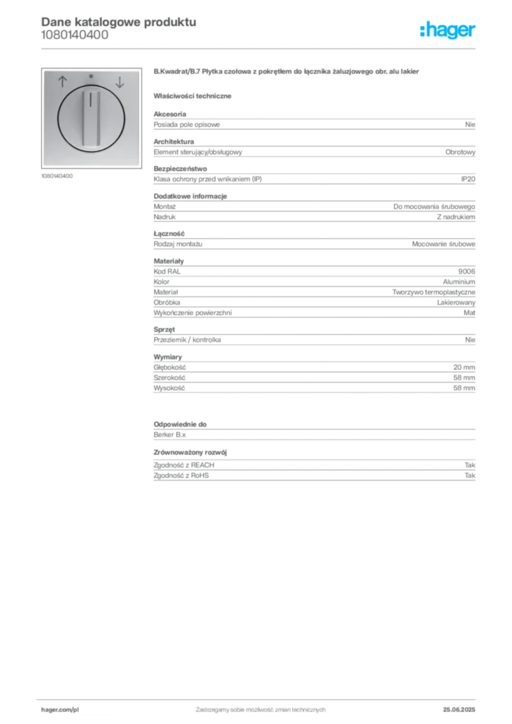Zdjęcie Hager Karta katalogowa 1080140400 | Hager Polska