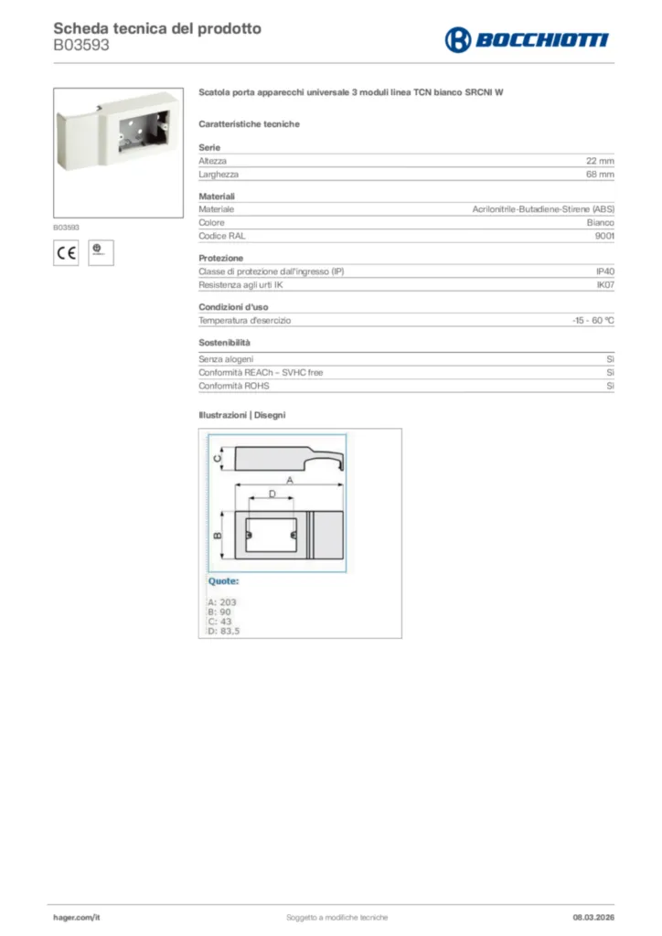 Immagine Bocchiotti Scheda tecnica del prodotto B03593 | Hager Italia