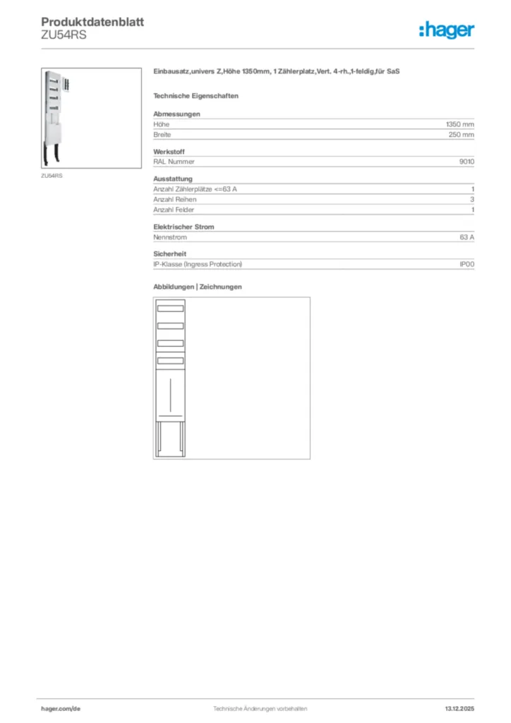 Bild Hager Produktdatenblatt ZU54RS | Hager Deutschland