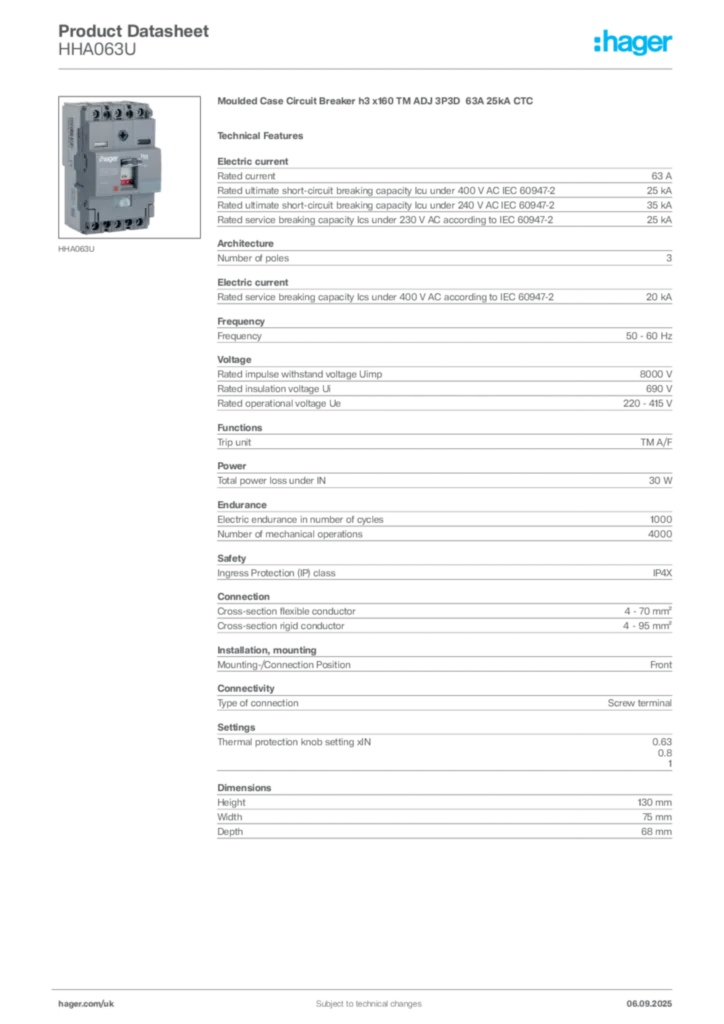Image Hager Product data sheet HHA063U  | Hager