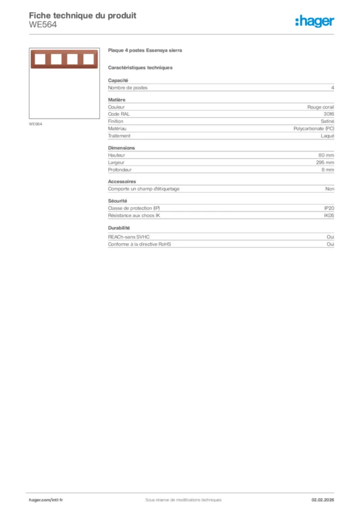 Image Hager Fiche technique du produit WE564 | Hager Afrique