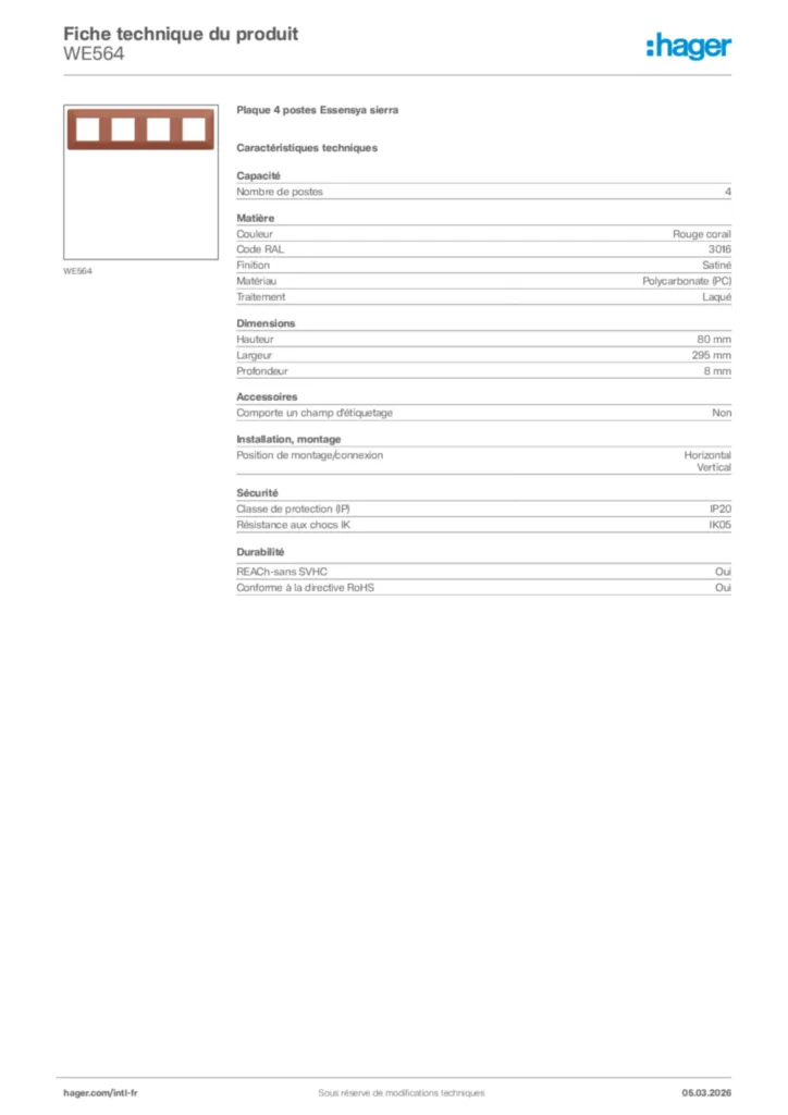 Image Hager Fiche technique du produit WE564 | Hager Afrique