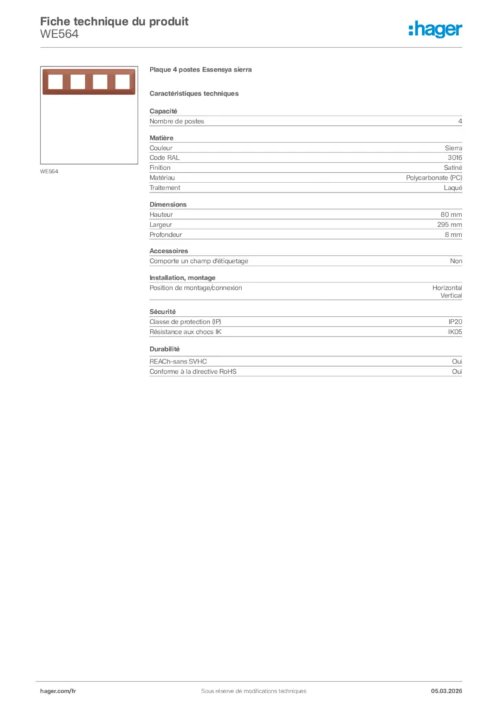 Image Hager Fiche technique du produit WE564 | Hager France