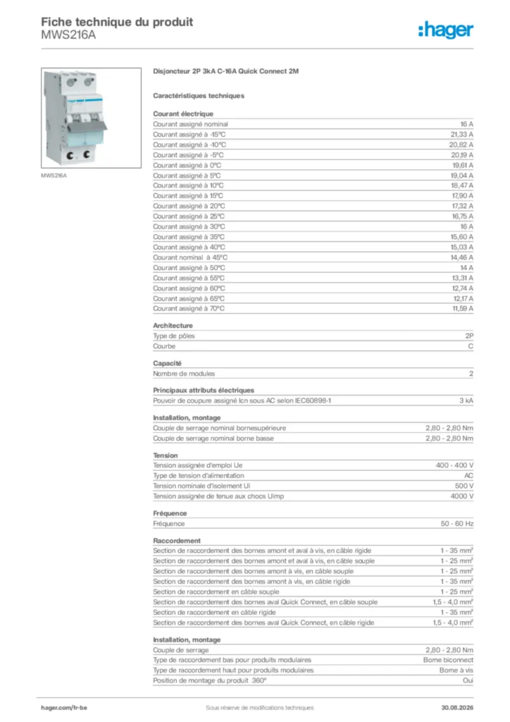 Image Hager Fiche technique du produit MWS216A | Hager Belgique