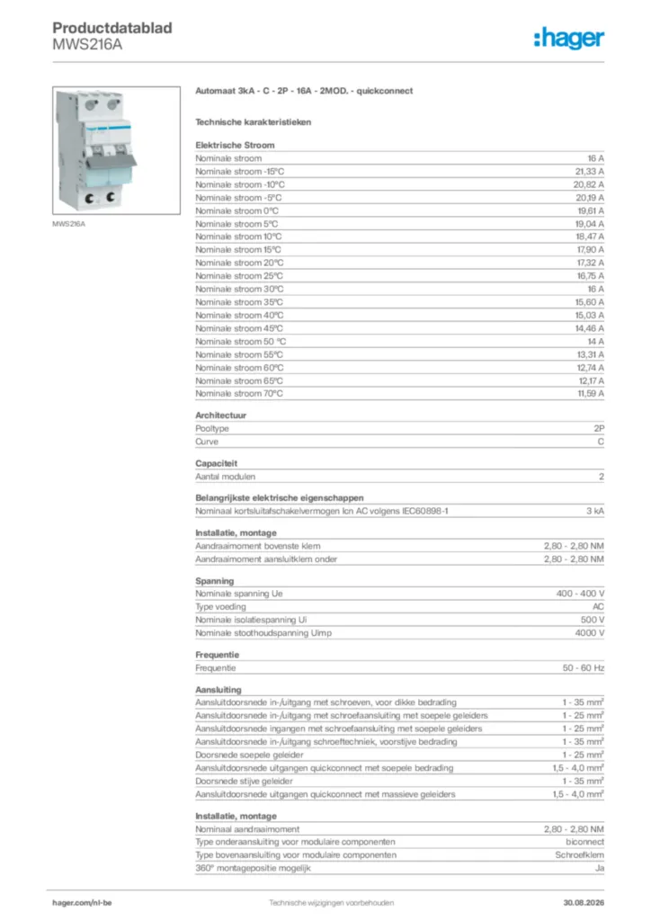 Afbeelding Hager Productdatablad MWS216A | Hager Belgium