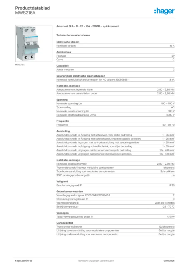 Afbeelding Hager Productdatablad MWS216A | Hager Belgium