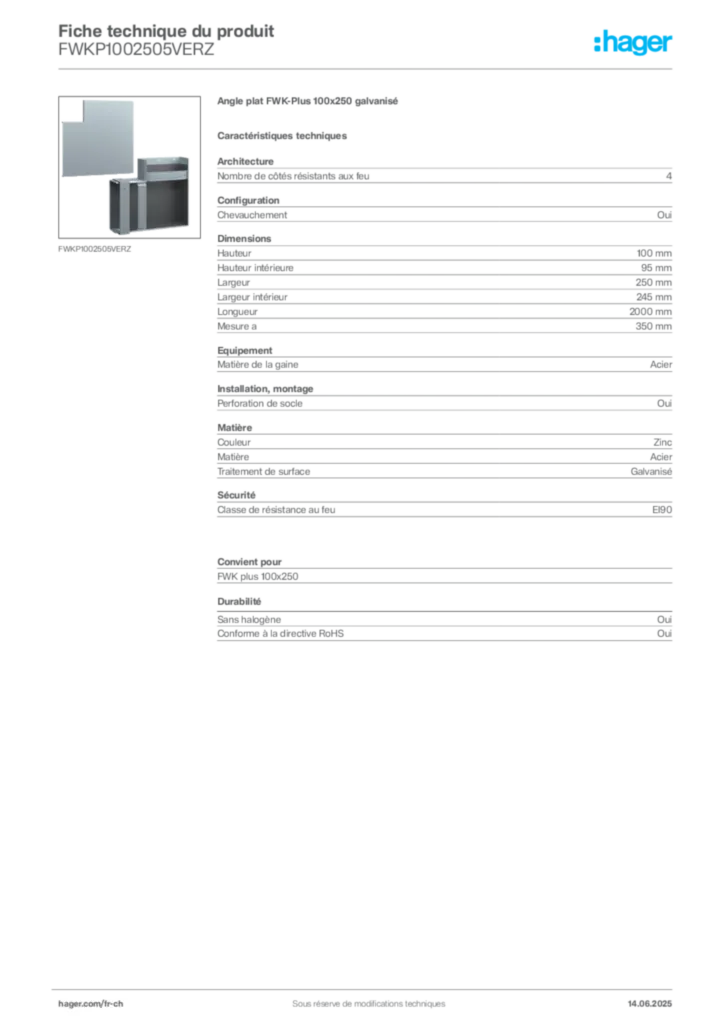 Image Hager Fiche technique du produit FWKP1002505VERZ | Hager Suisse