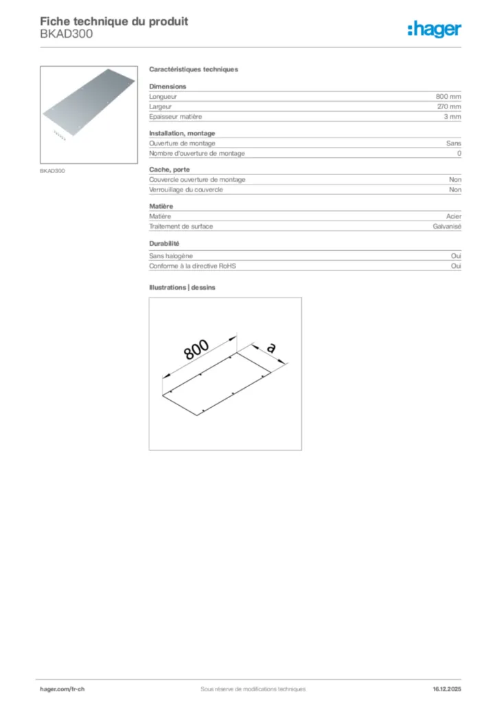 Image Hager Fiche technique du produit BKAD300 | Hager Suisse