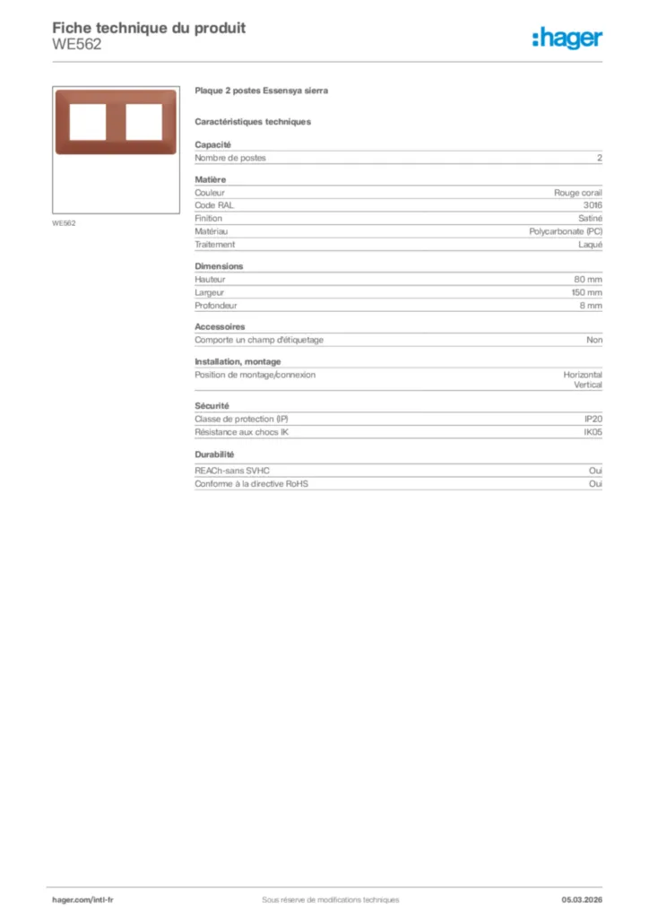 Image Hager Fiche technique du produit WE562 | Hager Afrique