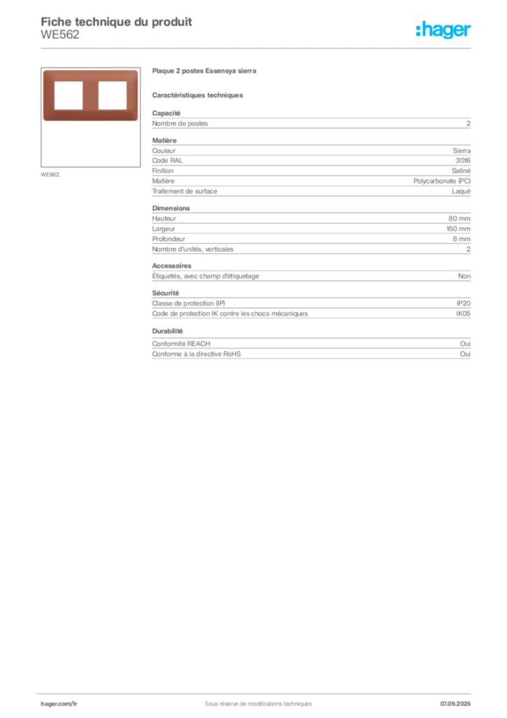 Image Hager Fiche technique du produit WE562 | Hager France
