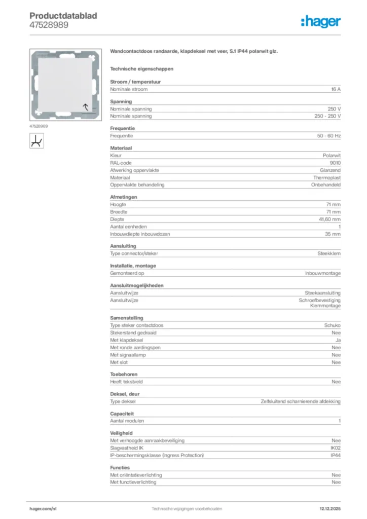 Afbeelding Hager Productdatablad 47528989 | Hager Nederland