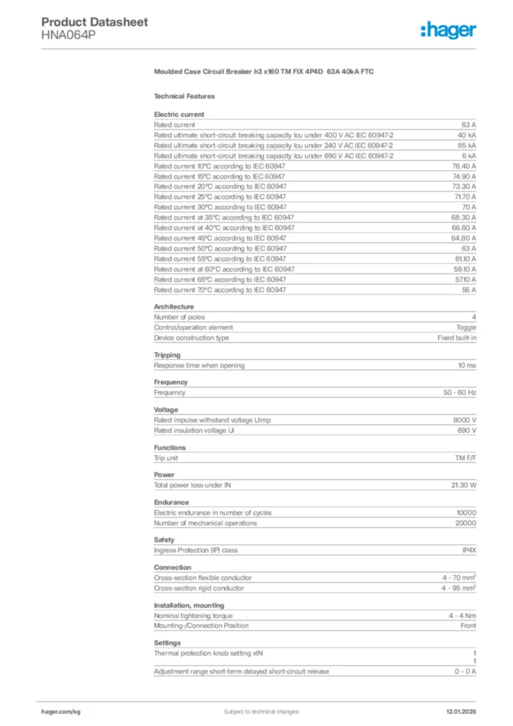 Image Hager Product data sheet HNA064P  | Hager