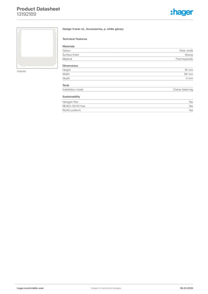 Image Hager Product data sheet 13192189  | Hager