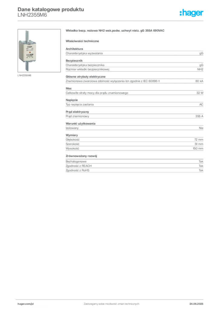 Zdjęcie Hager Karta katalogowa LNH2355M6 | Hager Polska