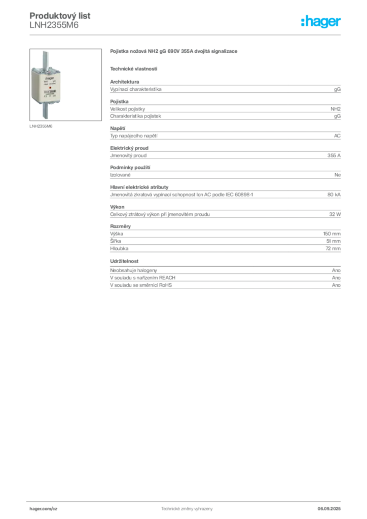 Obrázek Hager Produktový list LNH2355M6 | Hager
