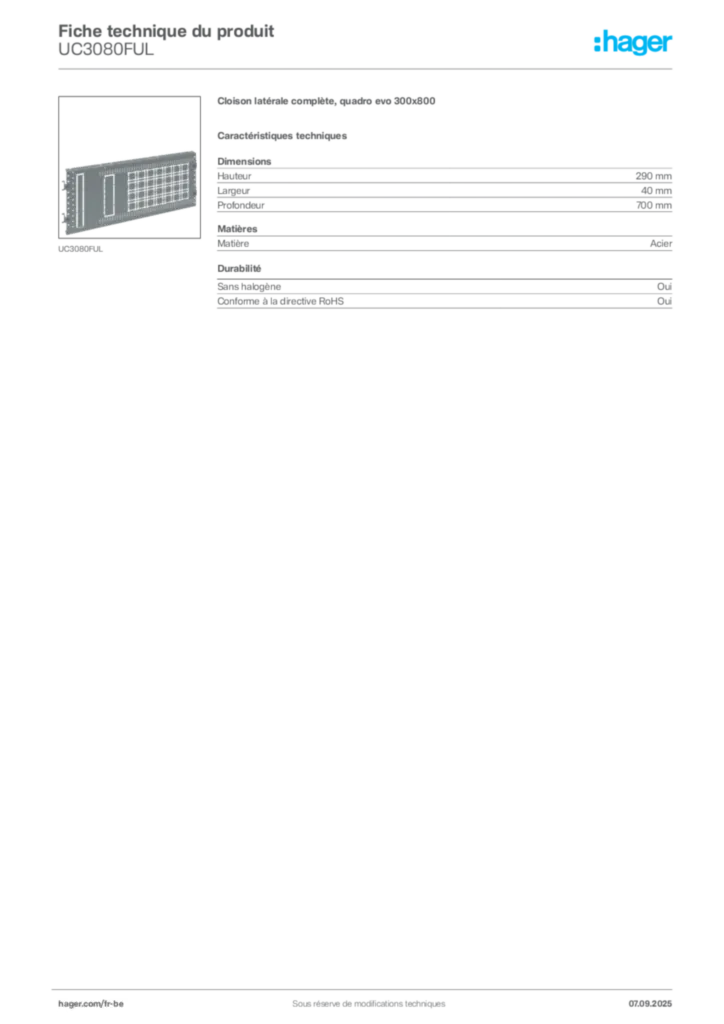 Image Hager Fiche technique du produit UC3080FUL | Hager Belgique