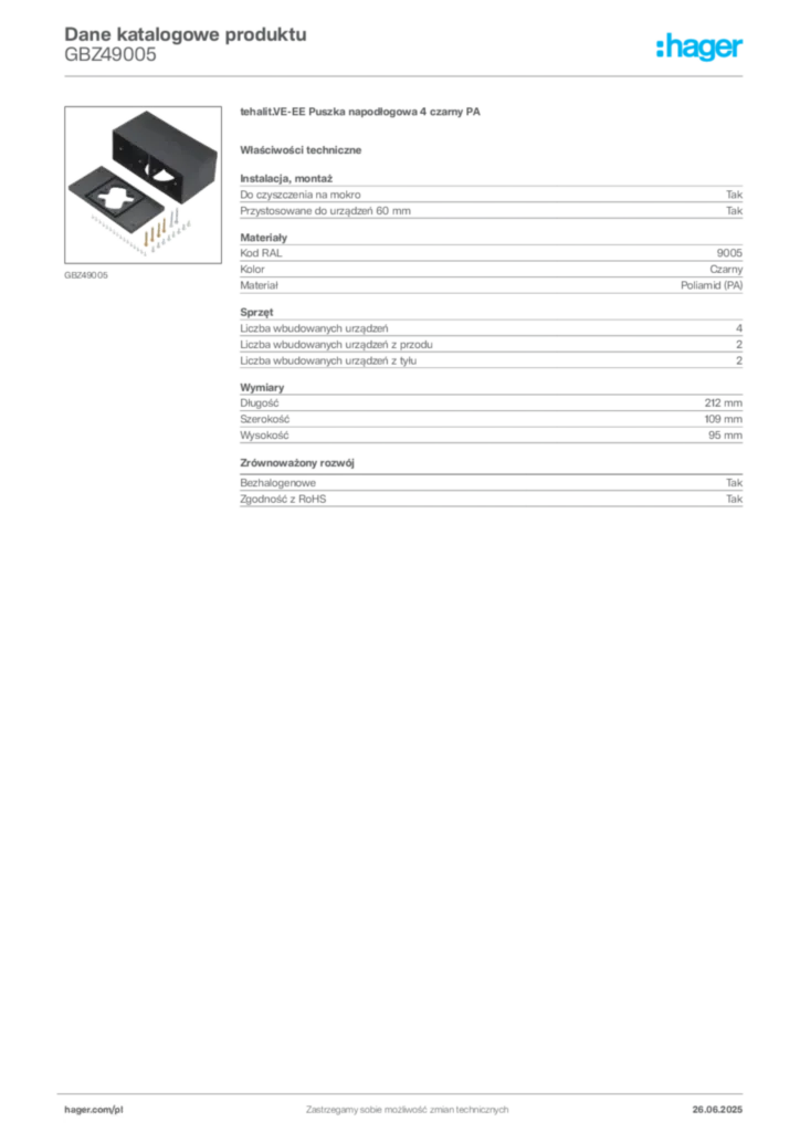 Zdjęcie Hager Karta katalogowa GBZ49005 | Hager Polska