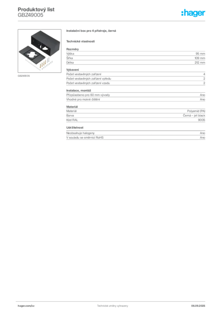 Obrázek Hager Produktový list GBZ49005 | Hager
