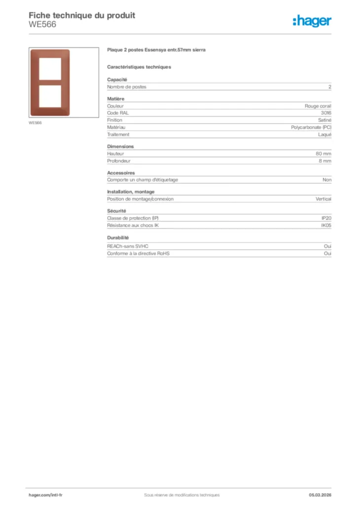 Image Hager Fiche technique du produit WE566 | Hager Afrique