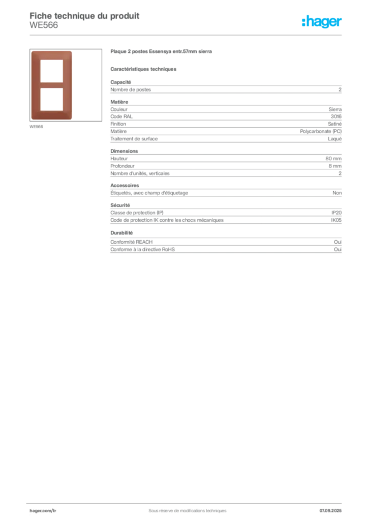 Image Hager Fiche technique du produit WE566 | Hager France