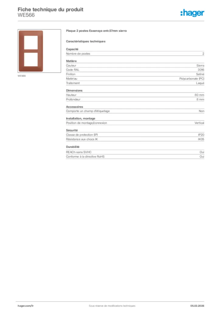 Image Hager Fiche technique du produit WE566 | Hager France