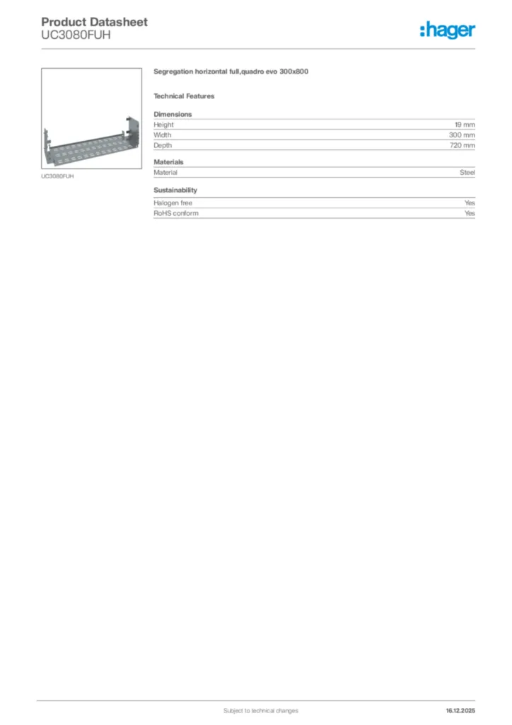 Image Hager Product data sheet UC3080FUH  | Hager Africa