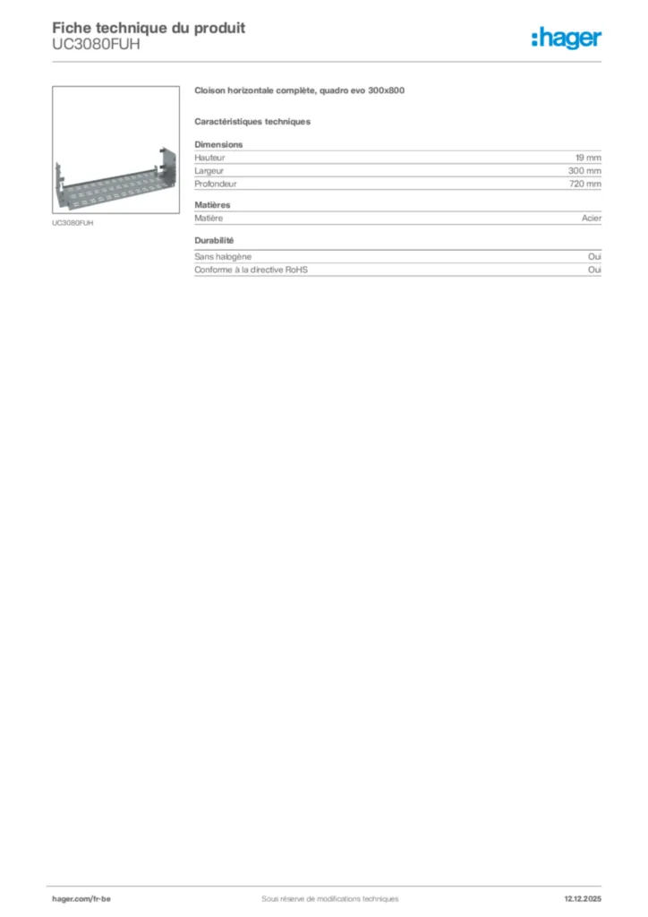 Image Hager Fiche technique du produit UC3080FUH | Hager Belgique