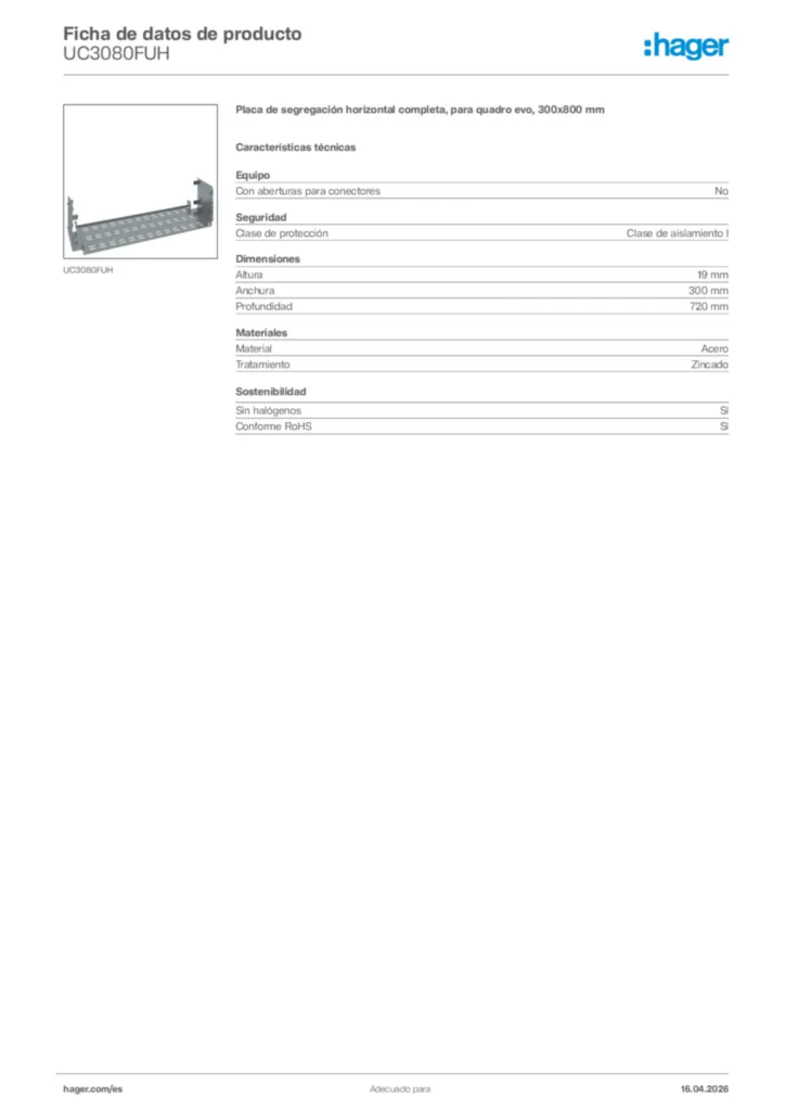 Imagen Hager Ficha de datos de producto UC3080FUH | Hager España