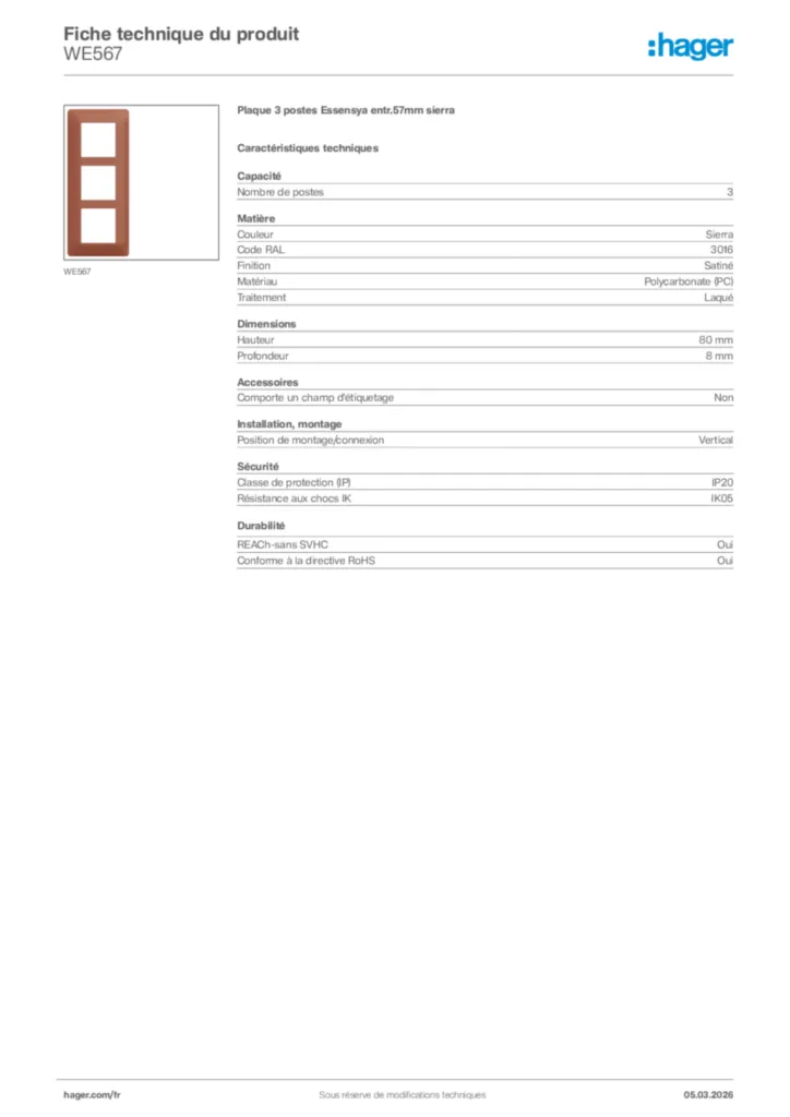 Image Hager Fiche technique du produit WE567 | Hager France