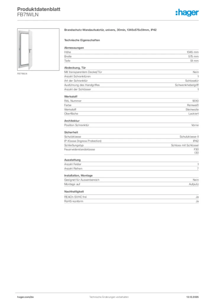 Hager Produktdatenblatt FB71WLN