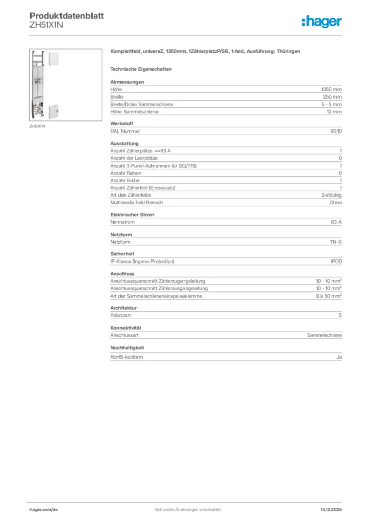 Bild Hager Produktdatenblatt ZH51X1N | Hager Deutschland