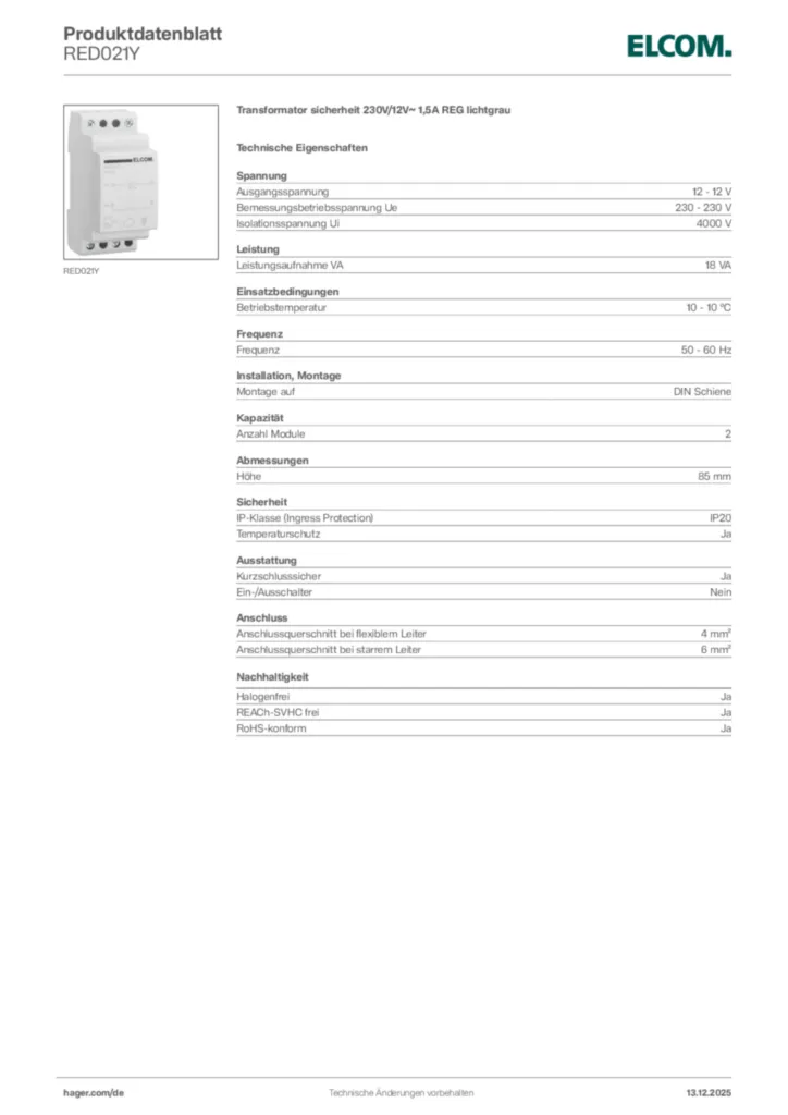 Bild Elcom Produktdatenblatt RED021Y | Hager Deutschland