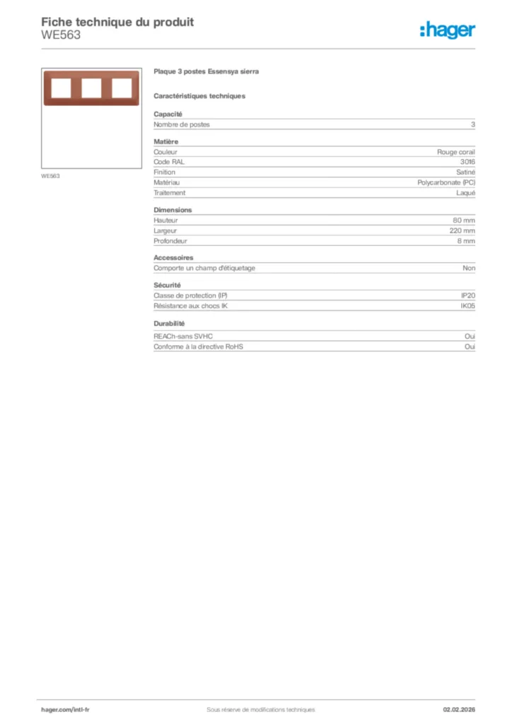 Image Hager Fiche technique du produit WE563 | Hager Afrique