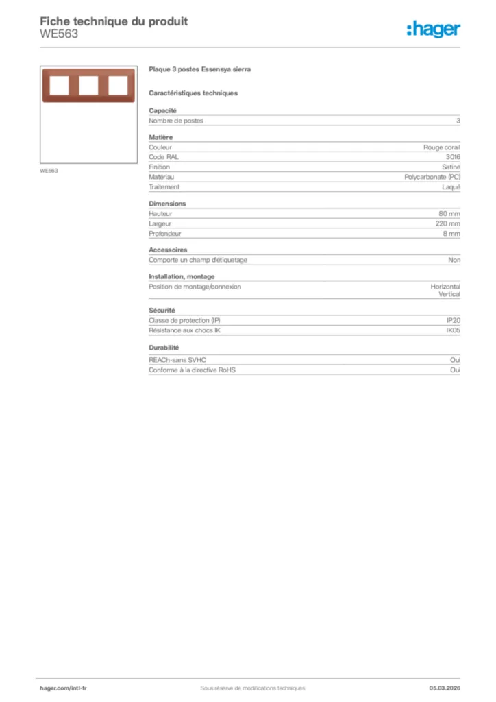 Image Hager Fiche technique du produit WE563 | Hager Afrique