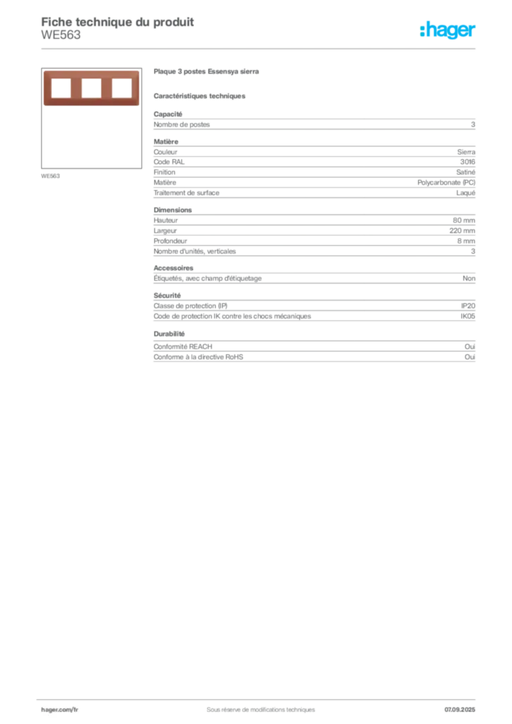 Image Hager Fiche technique du produit WE563 | Hager France