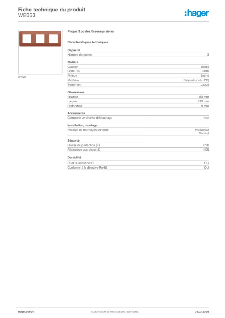 Image Hager Fiche technique du produit WE563 | Hager France