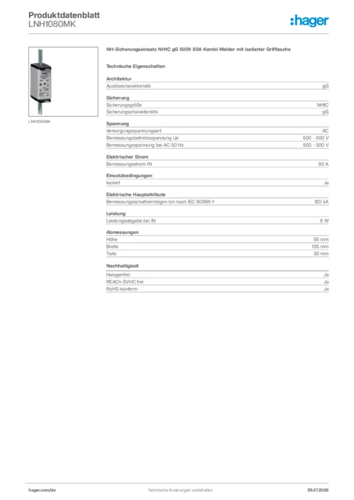 Bild Hager Produktdatenblatt LNH1080MK | Hager Deutschland
