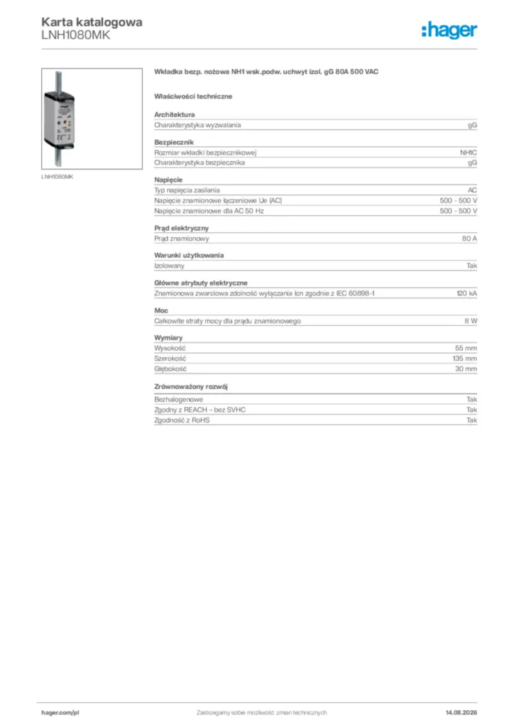 Zdjęcie Hager Karta katalogowa LNH1080MK | Hager Polska