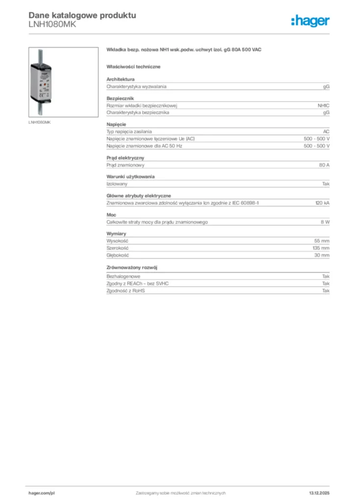 Zdjęcie Hager Karta katalogowa LNH1080MK | Hager Polska