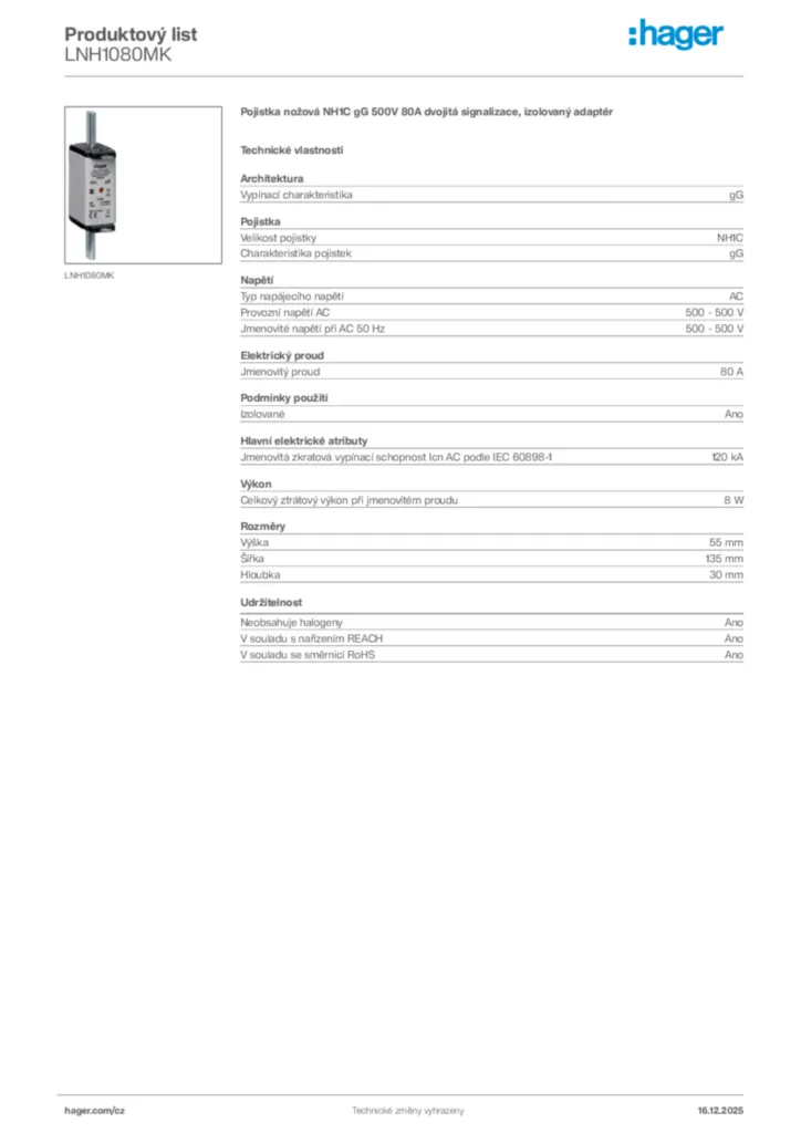 Obrázek Hager Produktový list LNH1080MK | Hager