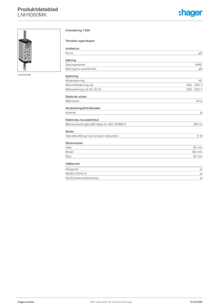 Bild Hager Produktdatablad LNH1080MK | Hager Sverige