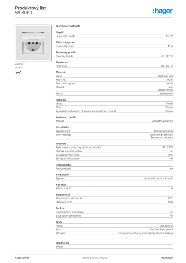 Obrázek Hager Product data sheet WL8060 | Hager