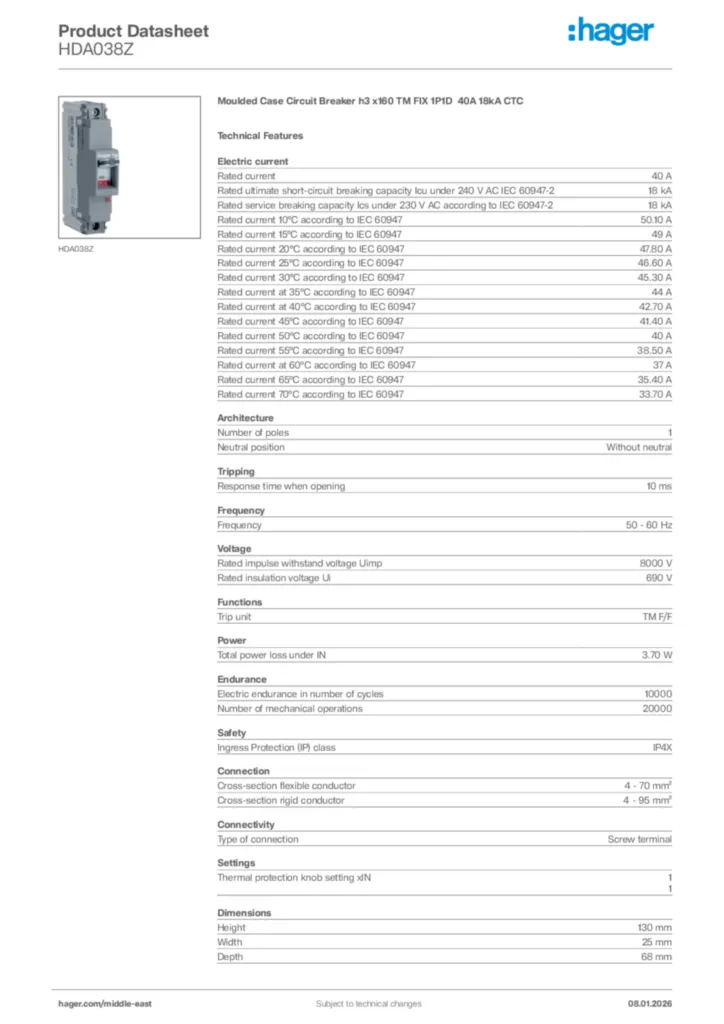Image Hager Product data sheet HDA038Z  | Hager