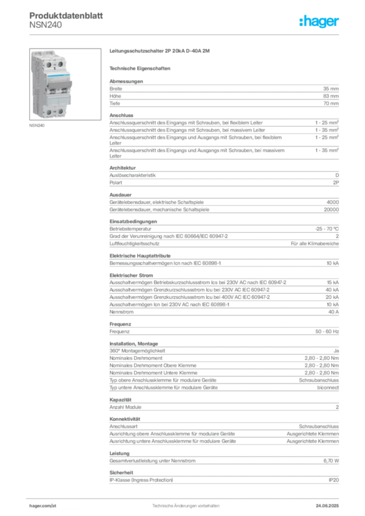 Bild Hager Produktdatenblatt NSN240 | Hager Deutschland