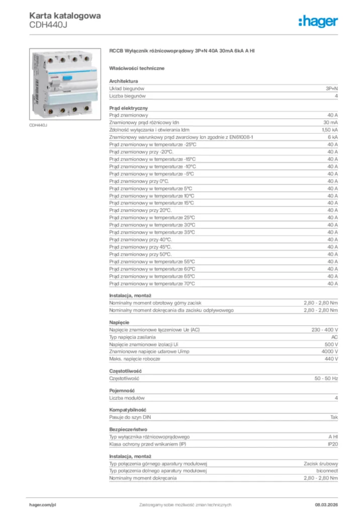 Zdjęcie Hager Karta katalogowa CDH440J | Hager Polska