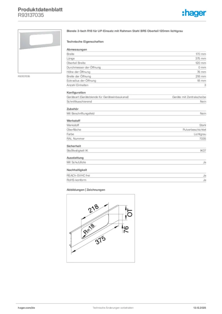 Hager Produktdatenblatt R93137035