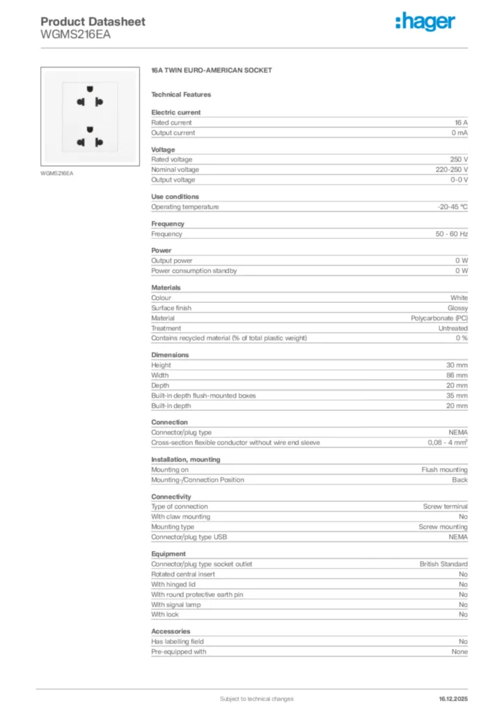 Image Hager Product data sheet WGMS216EA  | Hager