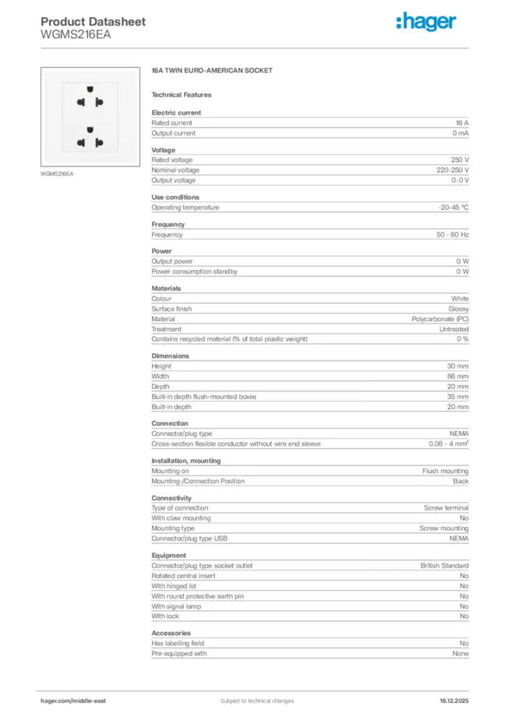 Image Hager Product data sheet WGMS216EA  | Hager