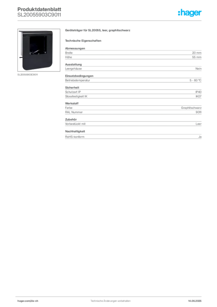 Bild Hager Produktdatenblatt SL20055903C9011 | Hager Schweiz