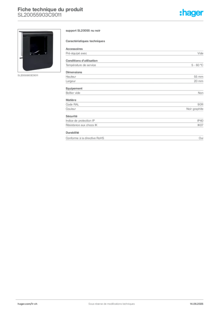 Image Hager Fiche technique du produit SL20055903C9011 | Hager Suisse